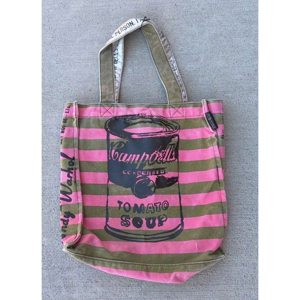Andy Warhol Campbell's Tomato Soup Pop Art Striped Canvas Tote Bag Read Flaws